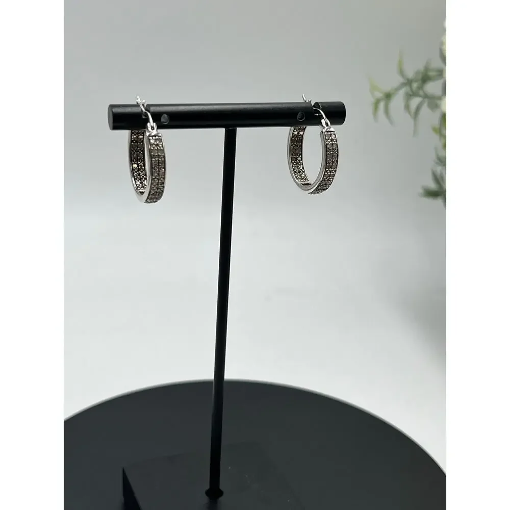 DBJ Dee Berkley 925 Sterling Silver Genuine Cut Diamond‎ In & Out Hoop Earrings